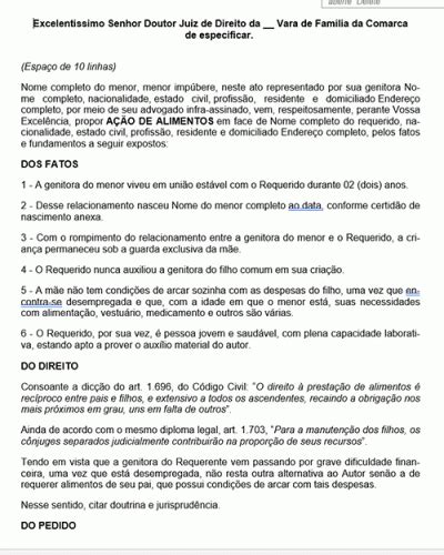 Referência para uma Petição Alimentos Pedido ao Genitor Conforme