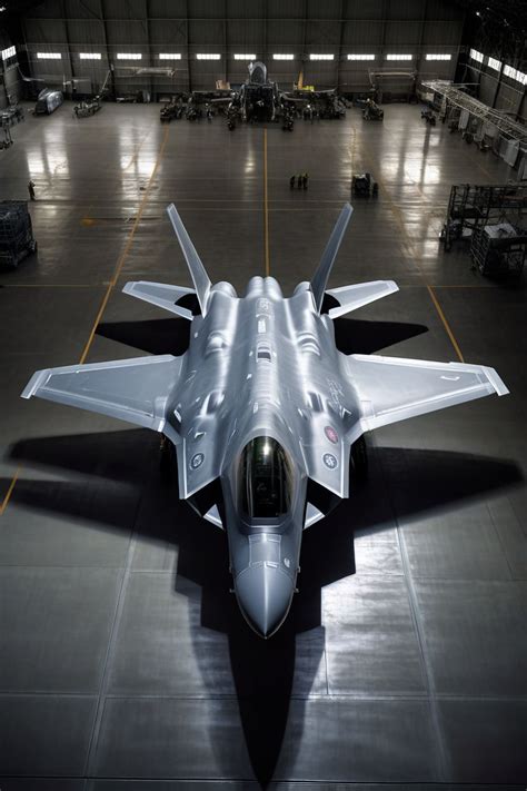 F-35 fighter jet poised in the shadowed recess of a vast han... by pe ...