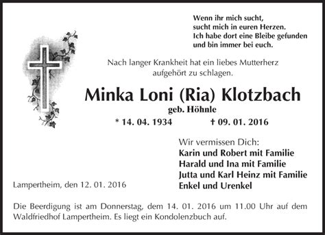 Traueranzeigen Von Minka Loni Klotzbach Vrm Trauer De