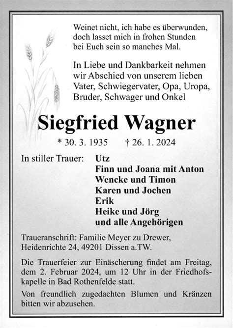 Traueranzeigen Von Siegfried Wagner Noz Trauerportal