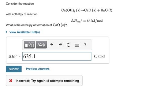 Solved Consider the reaction Ca(OH)2(s)→CaO(s)+H2O(l) with | Chegg.com