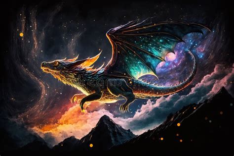 Giant Dragon Flying in the Night Sky . AI Generated Illustration Stock ...