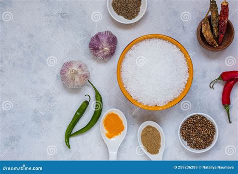 Prepared Ingredients for Cooking Salt with Spices, Svan Salt on a Light ...