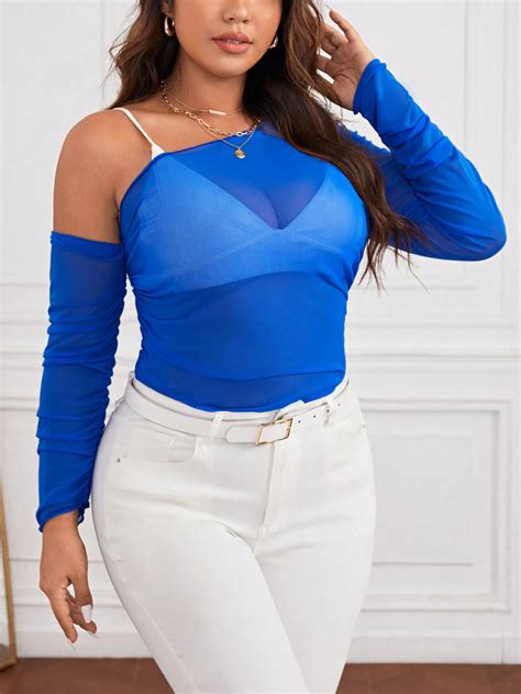 Shein Privé Plus Asymmetrical Neck Ruched Mesh Top Without Bra Shein Usa