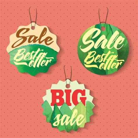 Three Sale Tags With Green Leaves On Pink Background