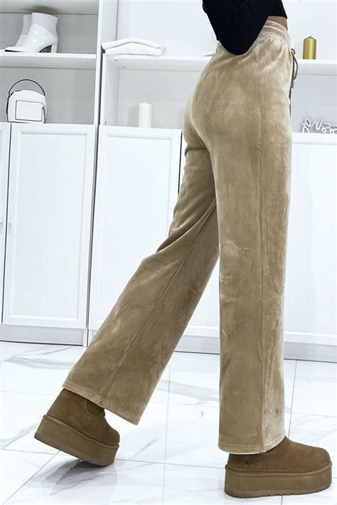 Pantalon jogging beige effet velours côtelé et molletonné