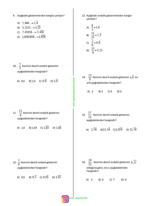 Sinif Ondalik G Ster M Ve Dev Rl Ondalik G Ster M Test Test Matematik