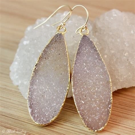 Druzy Quartz Teardrop Earrings Long Druzy Teardrop 14K GF