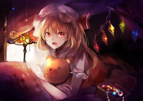 Blonde Hair Fang Flandre Scarlet Hat Jpeg Artifacts Red Eyes Teddy Bear Touhou