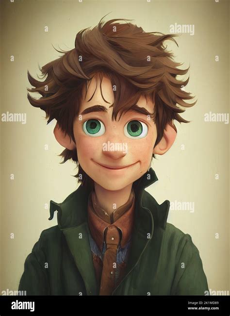 A Digital Character Design A Young Boy With Green Eyes And Brown