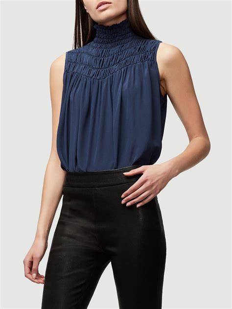 Frame Smocked Sleeveless Silk Blouse In Blue Lyst