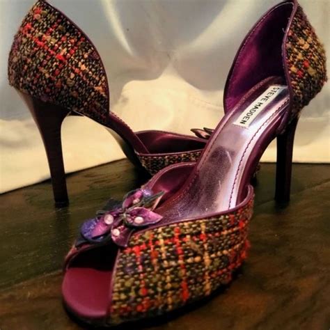 Steve Madden Y K Tweed Heels Purple Multi Rhinestone Flower Vintage Sz