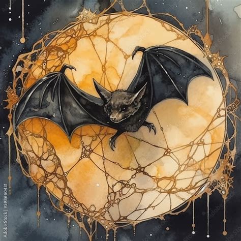 Gothic illustration of a bat with gold patterns in art deco style.Generative AI technology ...