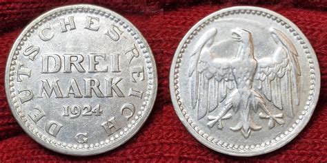 Weimarer Republik Deutsches Reich 3 Mark Silber Kursmünze 1924 G