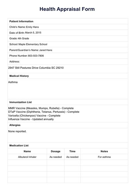 Health Appraisal Form & Example | Free PDF Download