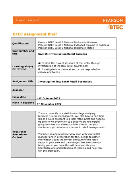 BTEC Business Unit 15 Assignment 1 Brief BTEC Assignment Brief