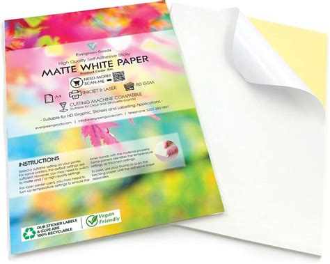 Evergreen Goods 50 Feuilles A4 De Papier Autocollant Blanc Mat Pour