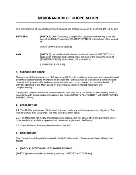 Memorandum Of Cooperation Template Download