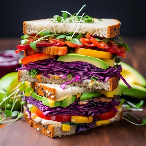 Premium Photo Vegan Sandwich With Tofu Hummus Avocado Tomato And Sprouts