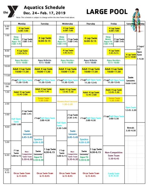 Pool Schedule for the Oneonta Family YMCA