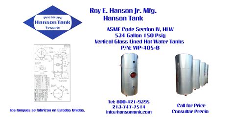 WP405B 150 Psig Glass Lined Hot Water Tanks Hanson Tank Asme Code Pressure Vessel Mfg