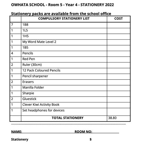 Ōwhata School 2022 Stationery Lists