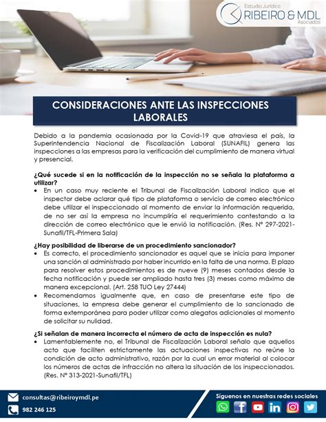 CONSIDERACIONES ANTE LAS INSPECCIONES LABORALES Estudio Ribeiro