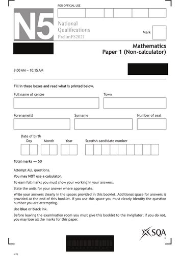 National 5 N5 Mathematics Exam Paper With Marking Schemes Teaching Resources