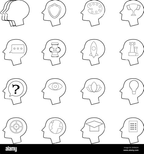 Human Mind Head Set Icons In Outline Style Isolated On White Background