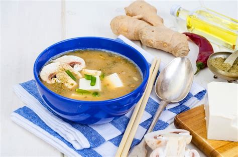 Premium Photo Vegetarian Miso Soup With Tofu And Mushrooms