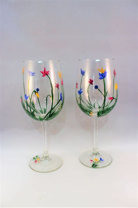 Wild Flowers Hand Painted Stemless Wine Glasses Painted Etsy