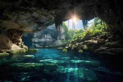 Una Hermosa Cueva Con Agua Azul Cristalina Foto Premium