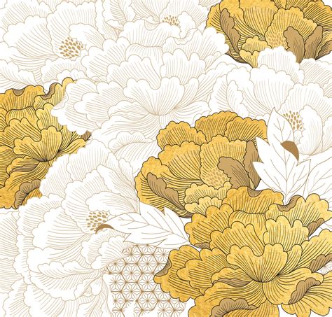 Chinese brush stroke template with gold texture vector. Peony flower ...