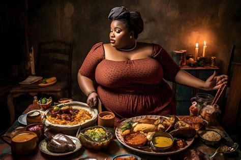 Premium AI Image Dark Skinned Plus Size Girl And A Lot Of Food Neural