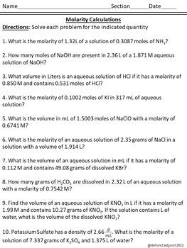 Dilution Molarity And Volume Calculations A Chemistry Worksheet