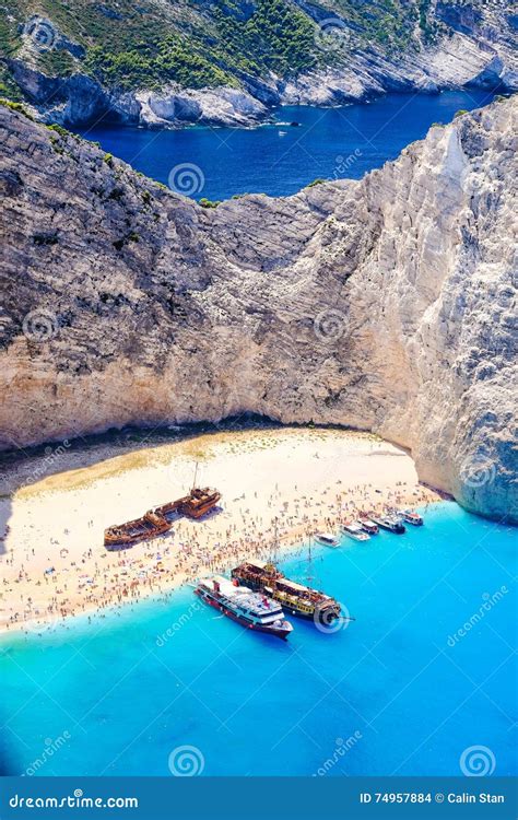 Boats Anchored At Navagio Beach Zakynthos Famous Shipwreck On Stock