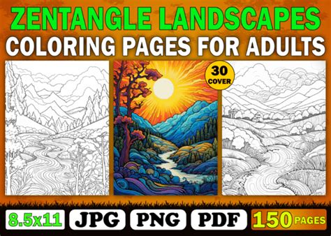 3 Zentangle Landscapes Coloring Pages For Adults Designs Graphics