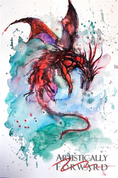 Flying Red Dragon Watercolor Painting Print Poster Bedroom Home Decor