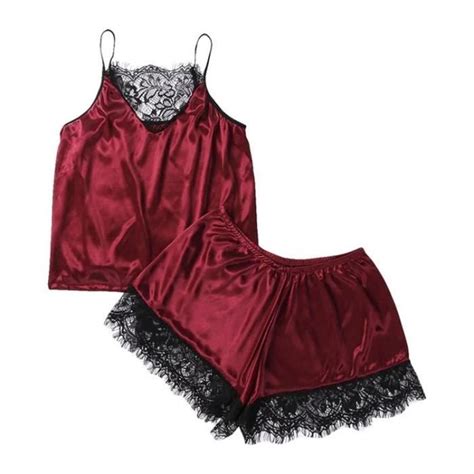 Vetements De Nuit Femmes Satin Lingerie Sexy Dentelle Pyjamas Rouge vin Cdiscount Prêt à Porter