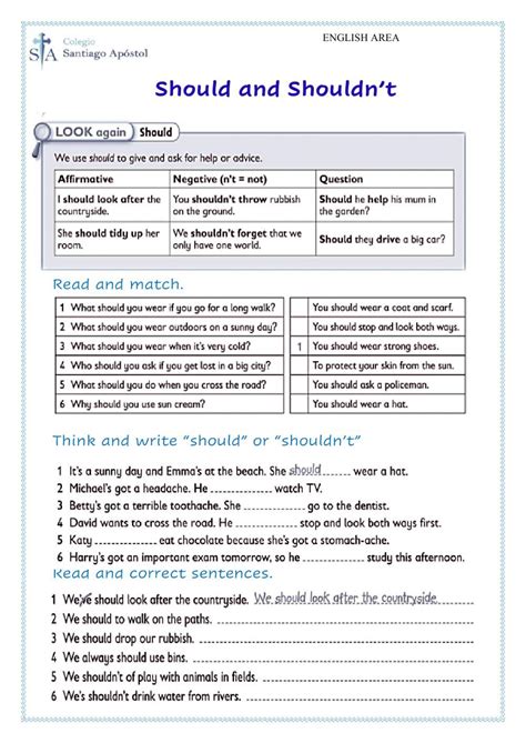 Exercises Should - Should and Shouldn't | English vocabulary exercises, Teaching english ...