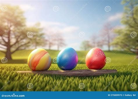 Three Colorful Easter Eggs Sit On A Wooden Bench In A Field Stock