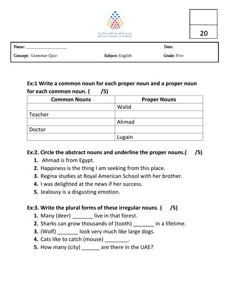 Nouns Quiz For Grade