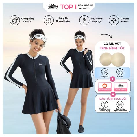 Đồ bơi Nữ BIKINI PASSPORT một mảnh tay dài dạng váy có khóa logo màu Đen BS BL