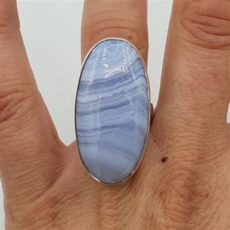 925 Sterling Zilveren Ring Met Ovale Blauw Lace Agaat Verstelbaar