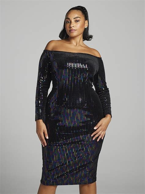 Fashion To Figure Plus Size Indira Off The Shoulder Sequin Midi Dress