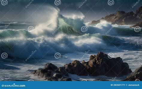 Sunset Surf Splashing On Rocky Coastline Nature Beauty In Motion