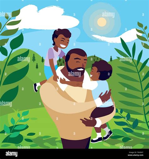 Afro Father With Sons Characters In The Field Vector Illustration