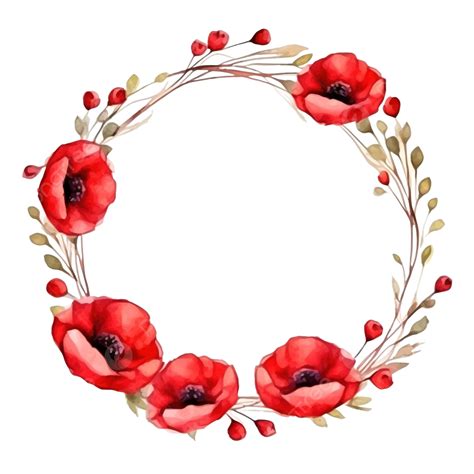 Watercolor Red Poppy Flower Wreath Frame With Dry Twig Collection For