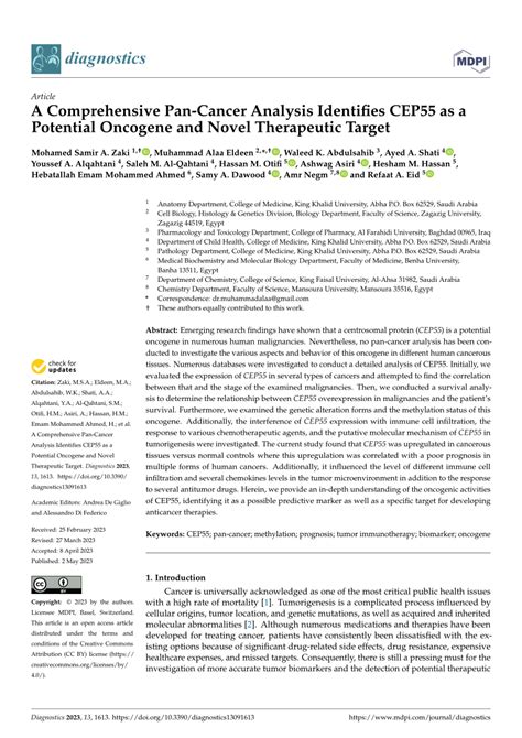 Pdf A Comprehensive Pan Cancer Analysis Identifies Cep55 As A Potential Oncogene And Novel