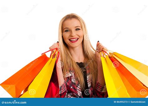 Cute Blonde Woman With Shopping Bags Isolated Over White Stock Image Image Of Blonde Sale